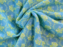 Load image into Gallery viewer, 1960s 1970s Retro Fabric - Cotton - Lime Floral - Robin Egg Blue - Fabric Remnant - 6C80