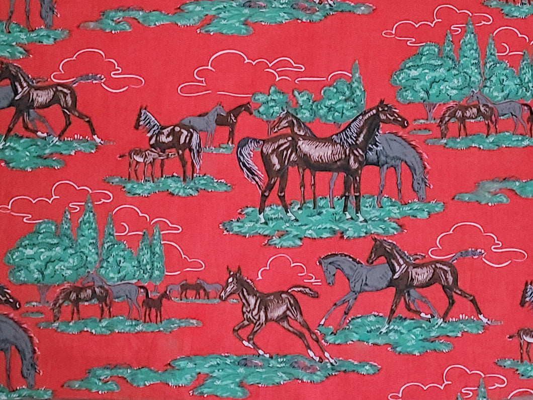 Vintage Fabric - Cotton - Horses - Fabric Remnant - VCW129