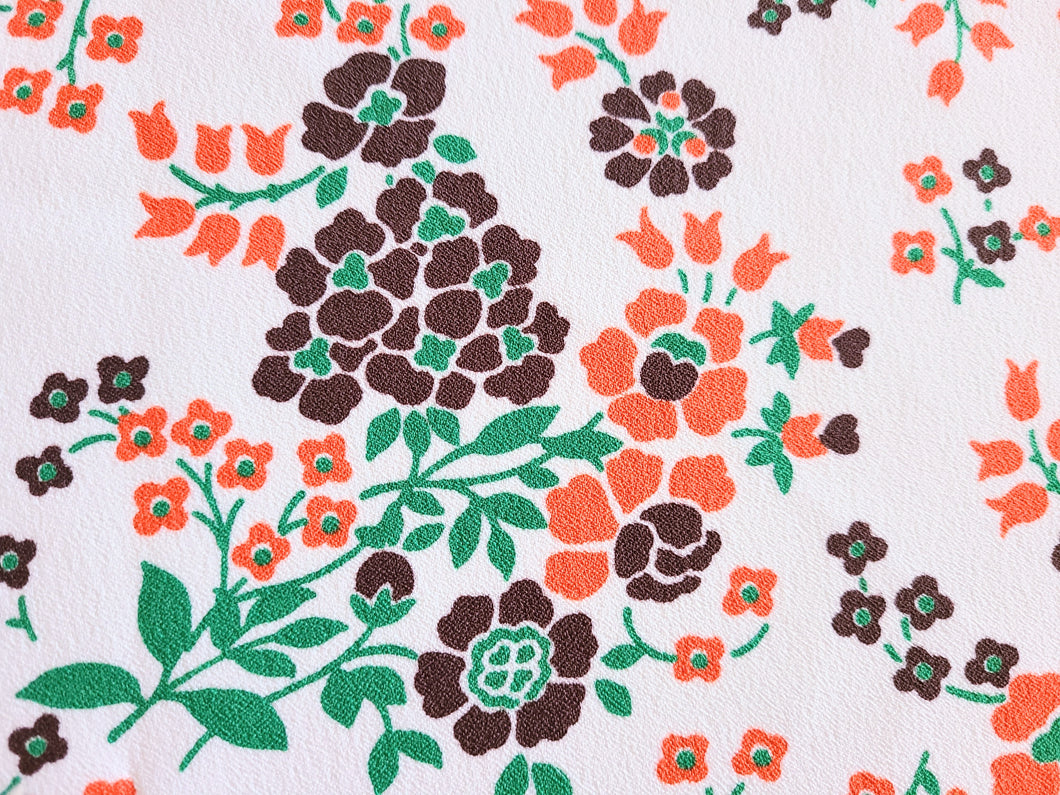 1960s 1970s Retro Fabric - Polyester Crepe - Floral - Orange, Brown - Fabric Remnant - 6PC39