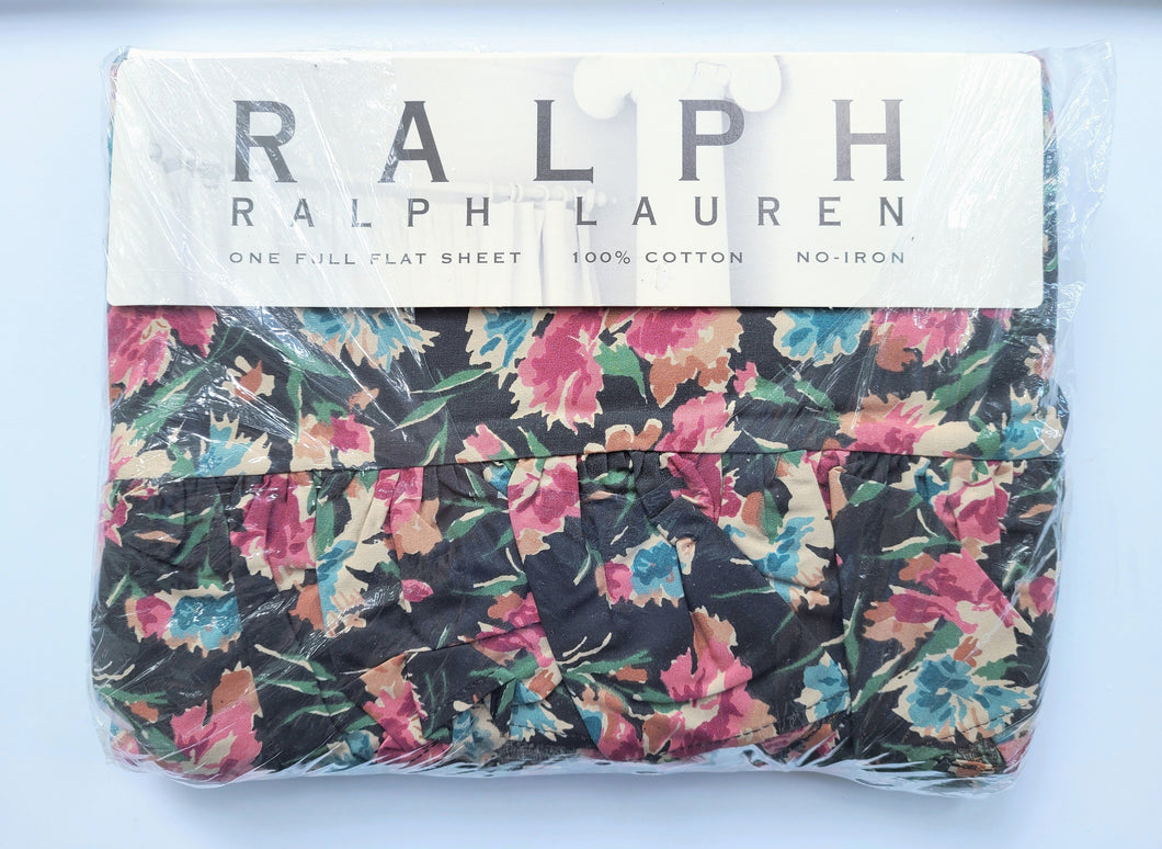 Vintage Bed Sheet - Full - Flat - Ralph Lauren - Bistro Floral - Black - BDSF52