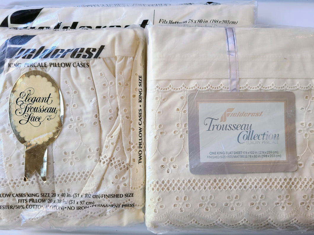 Vintage Bed Sheet Set - King - Elegant Trousseau Lace - Ivory - Fieldcrest - BDKST557