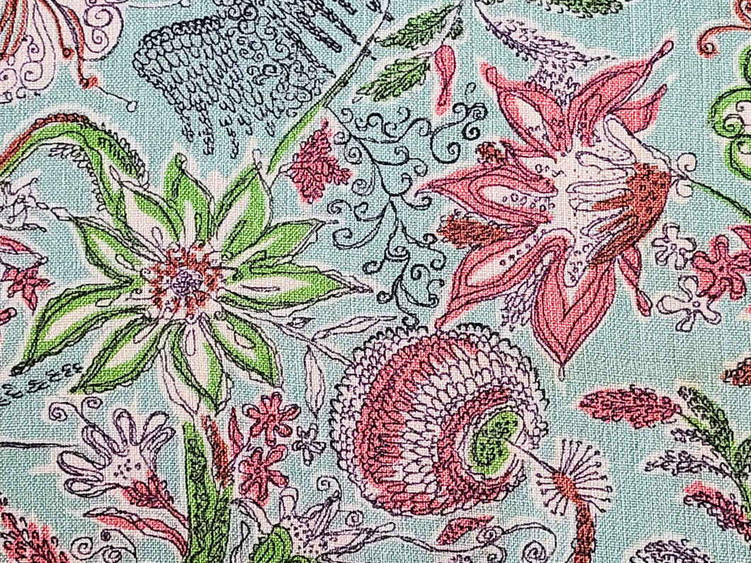 Vintage Fabric - Linen - Salmon Pink Floral - Mint Background - Fabric Remnant - LN1979