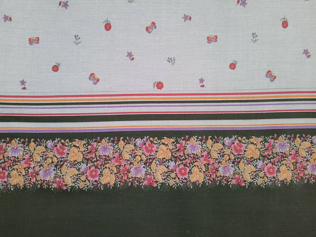 Retro Fabric - Cotton - Border Print - Butterfly Floral - Fabric Remnant - 6BDR15