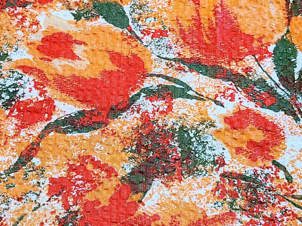 Vintage Fabric - Cotton - Seersucker - Tulip Floral - Orange - Fabric Remnant - VCR335