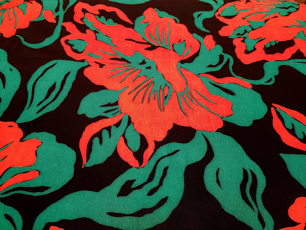 Vintage Fabric - Silk Crepe - Floral - Red on Navy Blue - Fabric Remnant - SLKC64