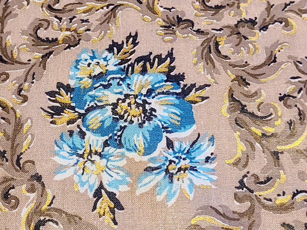Vintage Fabric - Polished Cotton - Metallic Gold Blue Floral - Fabric Remnant - VCLP99