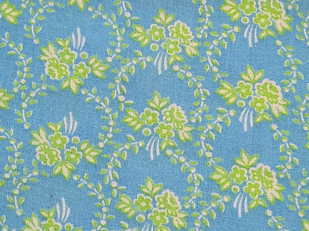 1960s 1970s Retro Fabric - Cotton - Lime Floral - Robin Egg Blue  - Fabric Remnant - 6C80