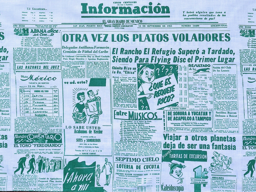 Vintage Fabric - Cotton - 1951 Puerto Rico Newspaper  - Bette Davis - Fabric Remnant - VCW632