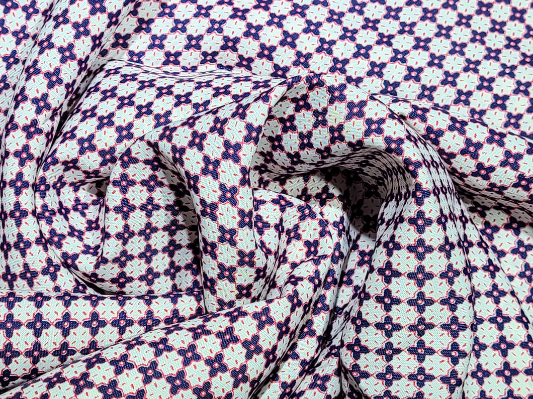 Vintage Fabric - Rayon - Small Allover Red White Blue Daisy - Fabric Remnant - RAY320