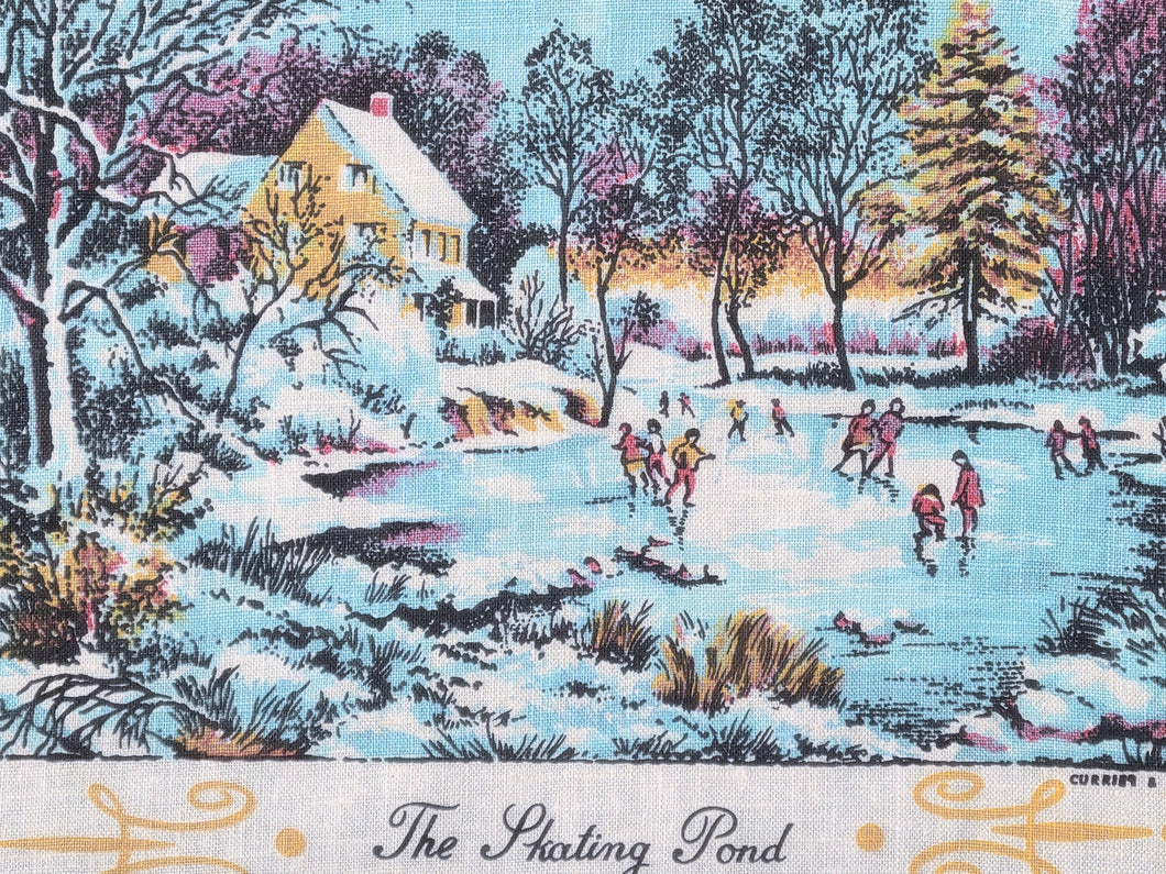 1973 Vintage Calendar Towel - Linen - The Skating Pond - Currier & Ives - TWLC206