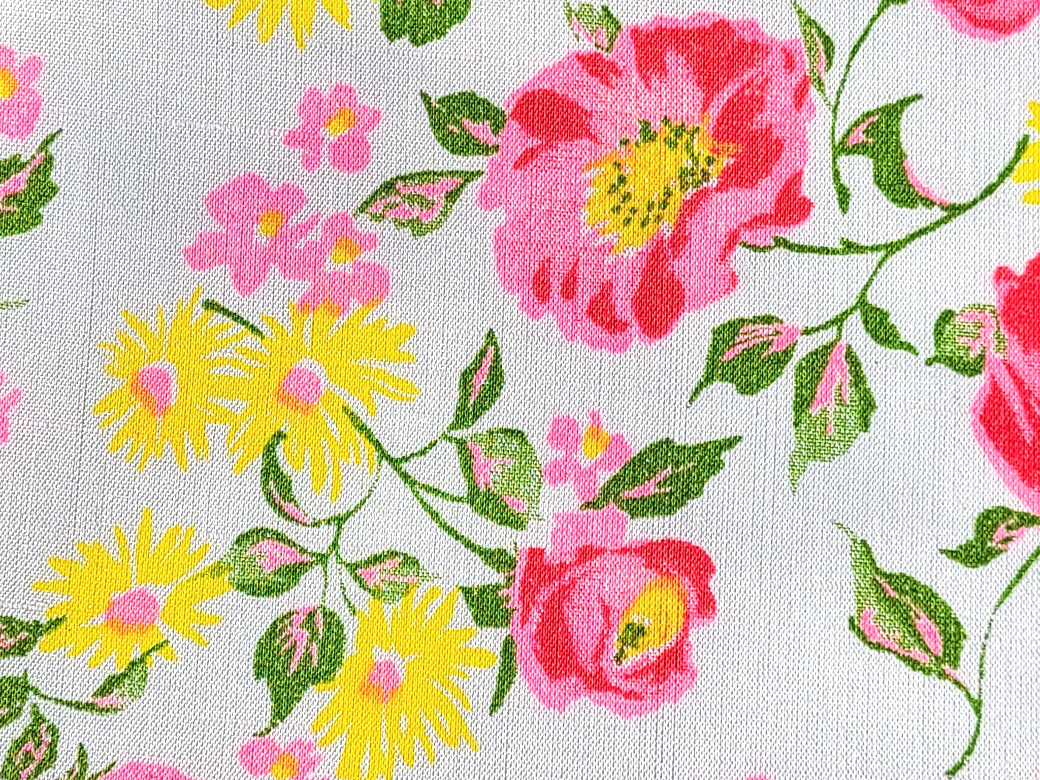 1960s 1970s Retro Fabric - Rayon - Pink Roses Yellow Floral