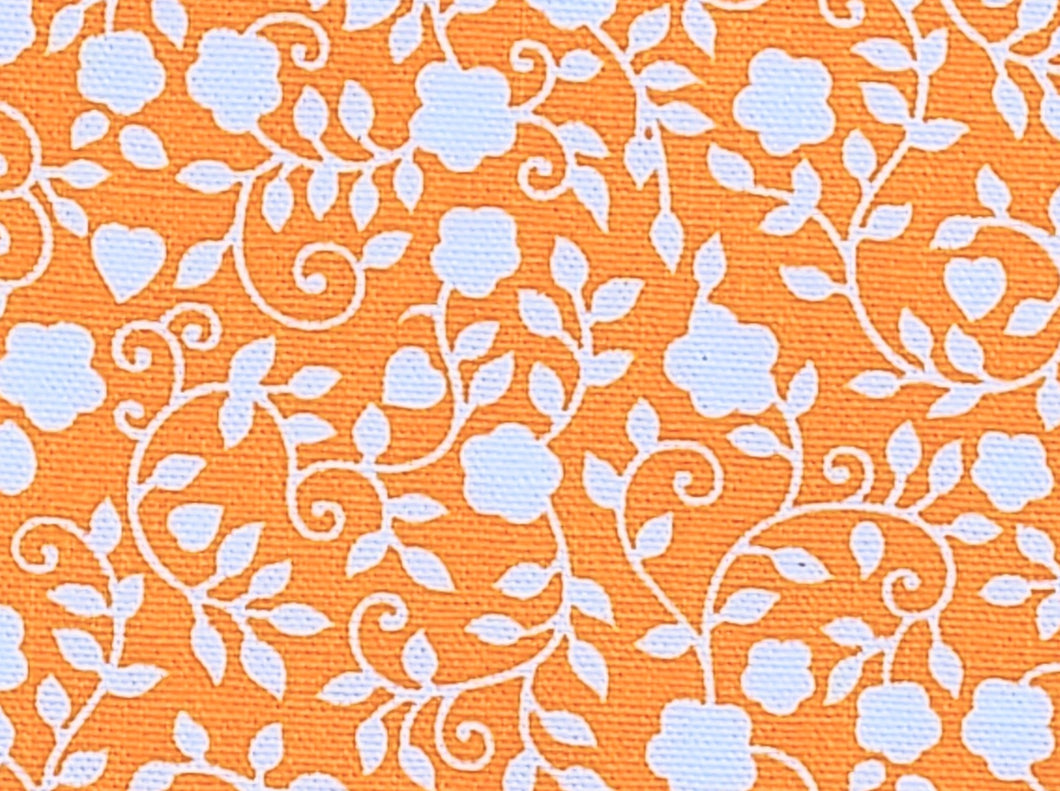 1960s 1970s Retro Fabric - Cotton - White Floral on Orange - Fabric Remnant - 6C283