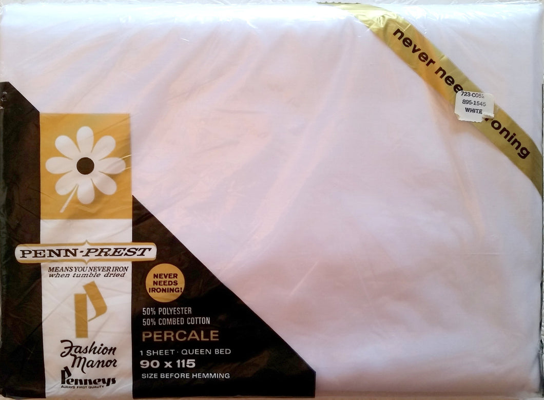 Vintage Bed Sheet - Queen - Flat - Solid White - Penneys - Percale - BDSF12