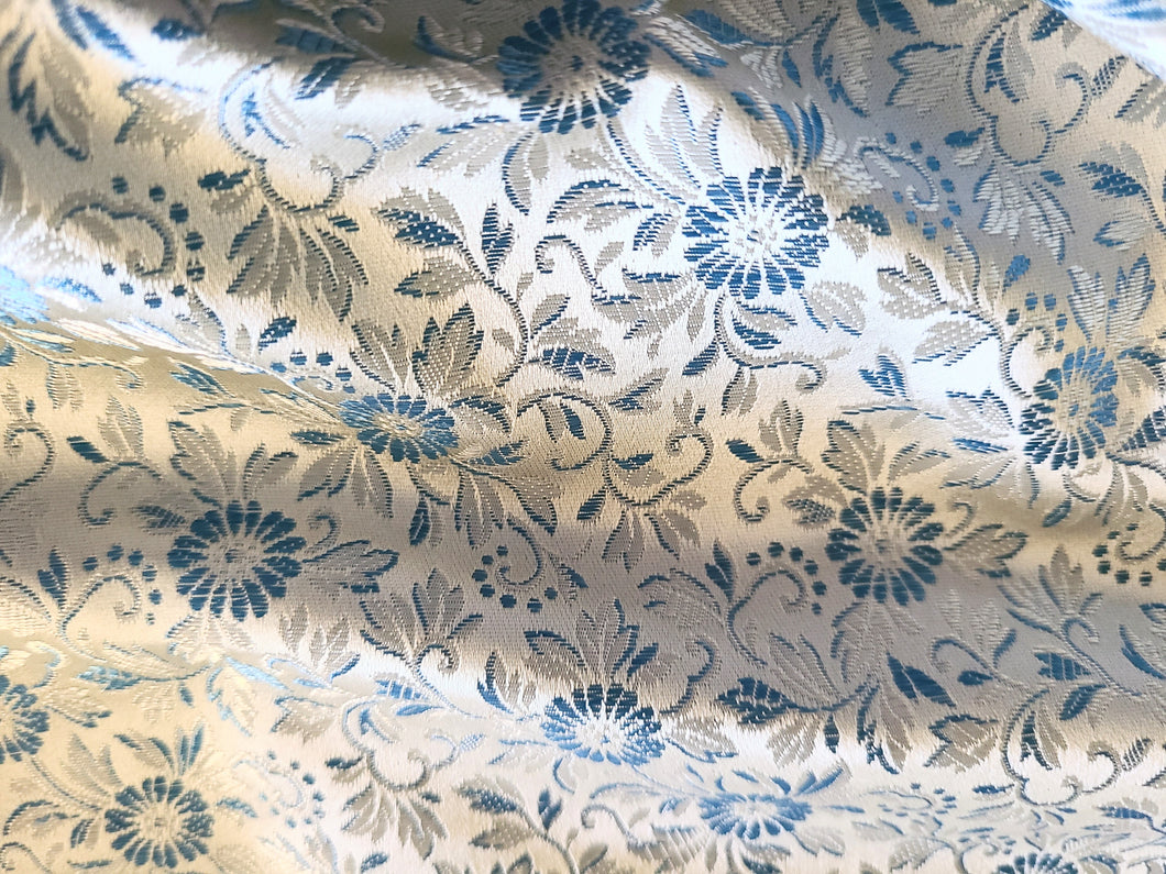 Vintage Fabric - Satin Silk Brocade - Floral - Blue, Silver - Fabric Remnant - BRK21