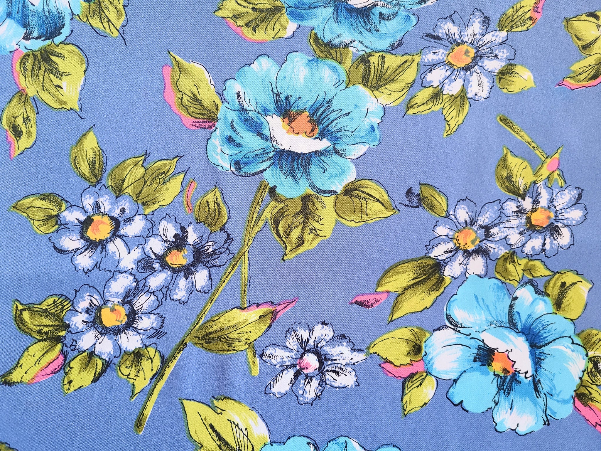 1960s 1970s Retro Fabric - Floral - Blueberry