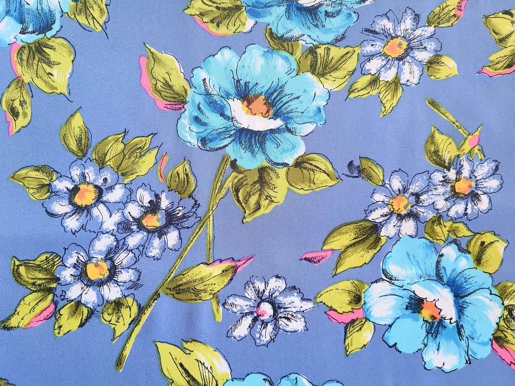 1960s 1970s Retro Fabric - Floral - Blueberry - Non-Stretch Polyester - 6PNS65