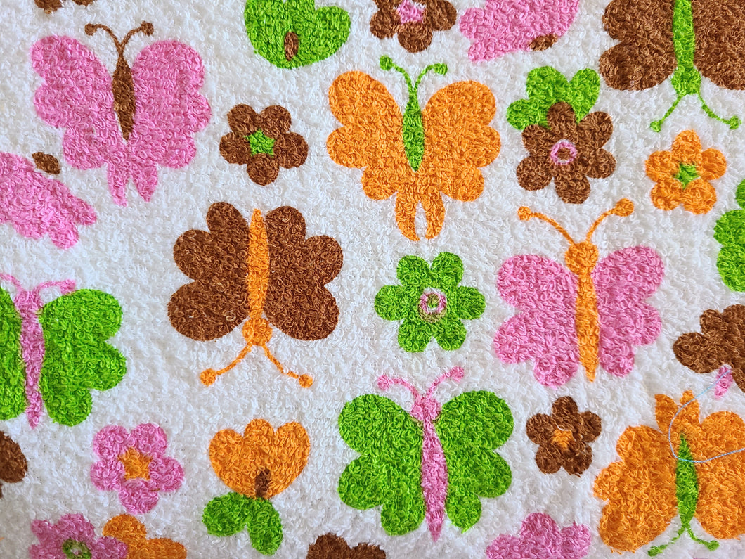1960s 1970s Retro Fabric - Cotton - Terrycloth - Butterfly - Fabric Remnant - 6TR73