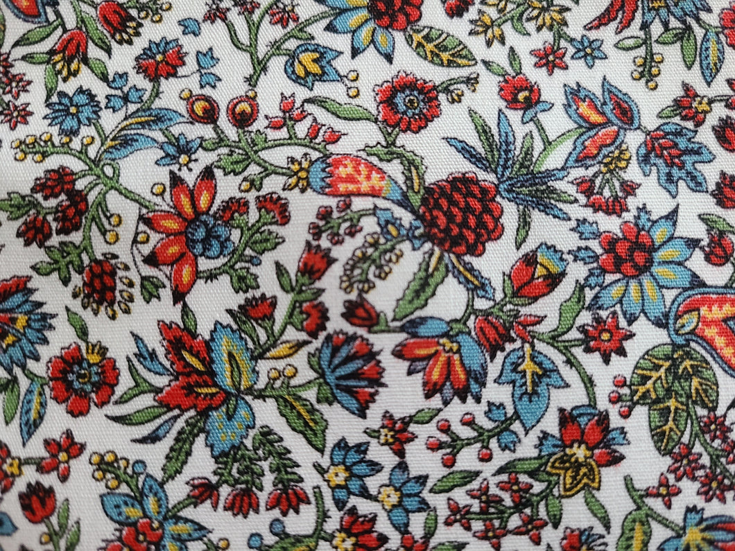 Vintage Fabric - Cotton  - Botanical - Blue, Red - By the Yard - VCS512