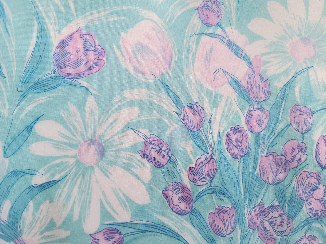 Vintage Fabric - Cotton - Sky Blue Floral - Fabric Remnant - VCL556