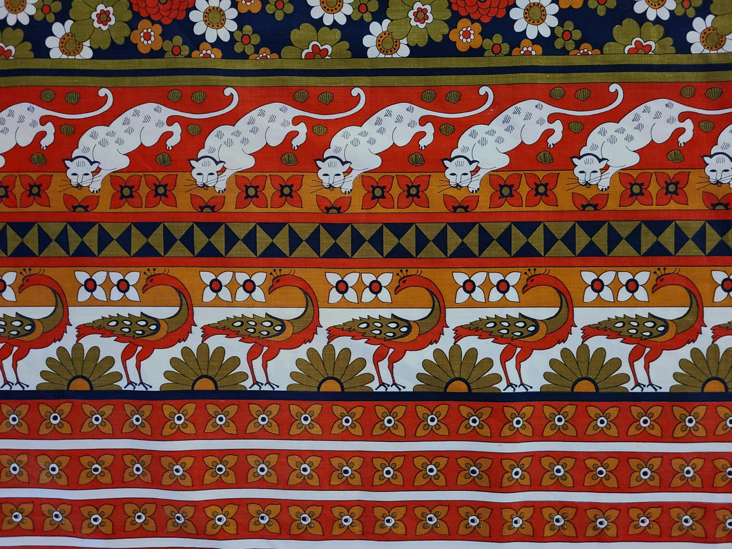 Vintage Fabric - Cotton - Border Print - Peacock Cheetah Floral - Fabric Remnant - VCB355