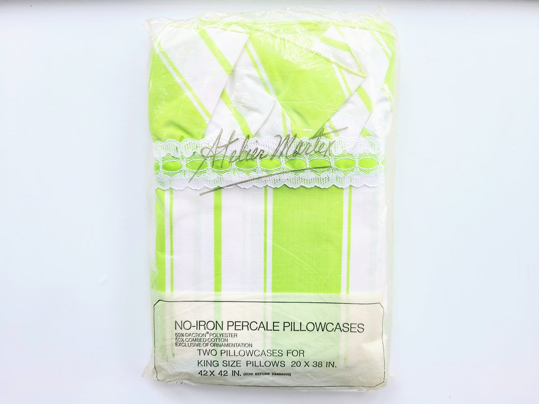 Vintage Pillowcases - King - Stripe Lime Green & White, Trimmed - BDP233
