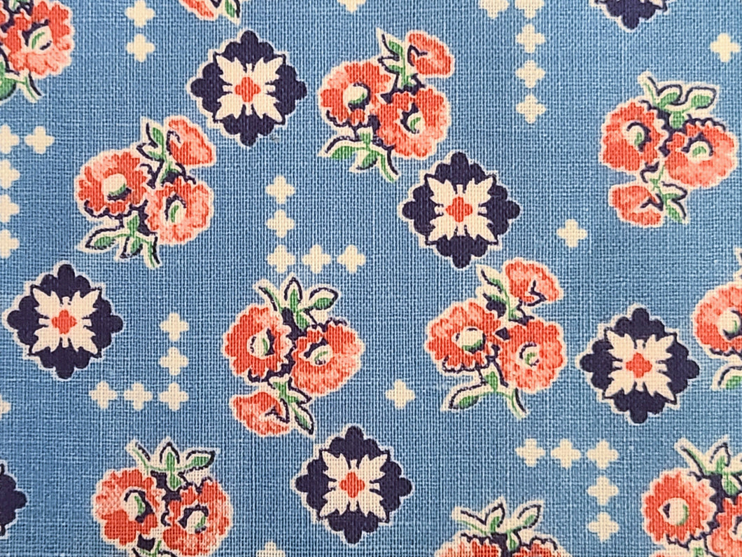 1930s Vintage Fabric - Cotton - Apricot Floral - Blue Background - Fabric Remnant - VCS2