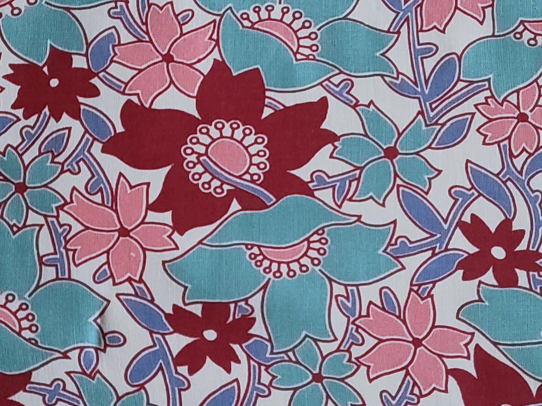 1930s Vintage Fabric - Cotton - Floral - Teal, Burgundy, Pink - By the Yard - VCL635