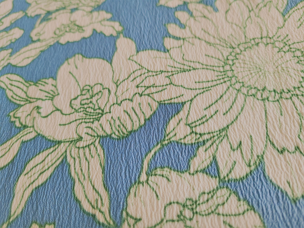 1960s 1970s Retro Fabric - Whipped Cream - Blue - Floral - Fabric Remnant - 6PW57