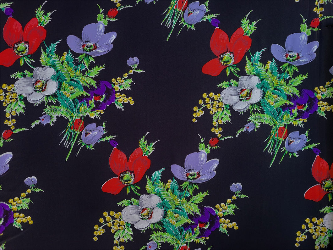 Vintage Fabric - Silk - Floral - Black, Purple - By the Yard - SLK430